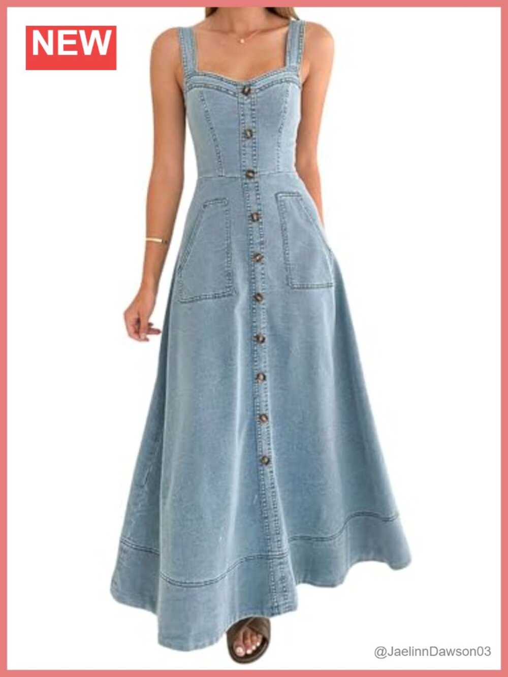 Adjustable Strap Midi Denim Dress Button Down A-Line Swing Jean Dress